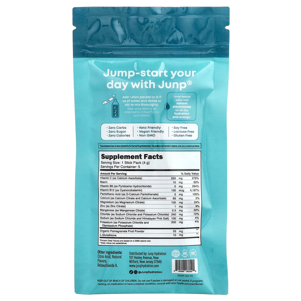JUNP Hydration, электролитная порошковая смесь, «Пина колада», 5 пакетиков по 4 г (0,14 унции)