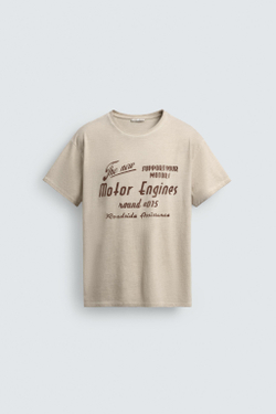 ZARA ФУТБОЛКА С ВИНТАЖНЫМ ПРИНТОМ, БЕЖЕВЫЙ