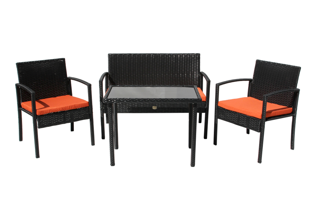 Набор мебели Garden Story Бостон NEW 1 уп. (стол+2кресла+диван ротанг черный, подушки оранжевые)