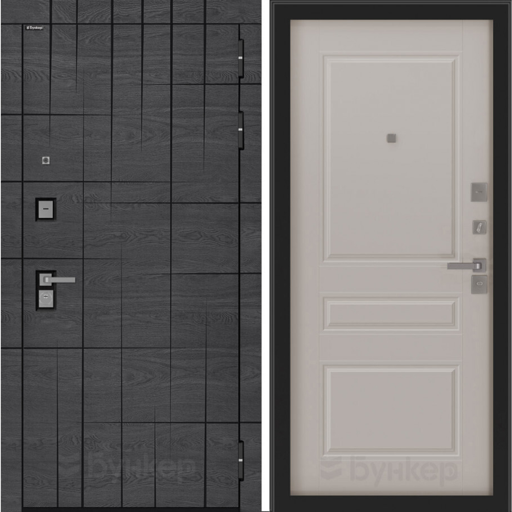 Входная металлическая дверь Бункер BN-09 Дуб майдера горизонт с черной патиной/ ФЛ- 711 Капучино 853-2 (темно-белый матовый, без текстуры)