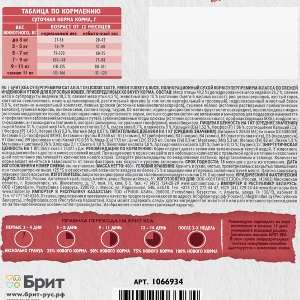 Сухой корм для взрослых кошек Брит BRIT CARE ADULT DELICIOUS TASTE с индейкой и уткой 0,4кг
