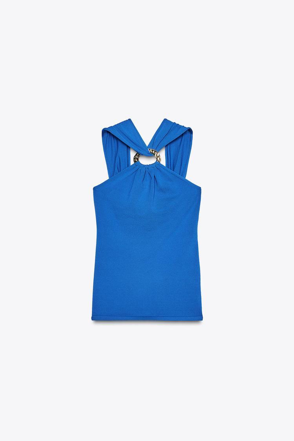 ZARA ТРИКОТАЖНЫЙ ТОП С ВЫРЕЗОМ ХАЛТЕР, СИНИЙ