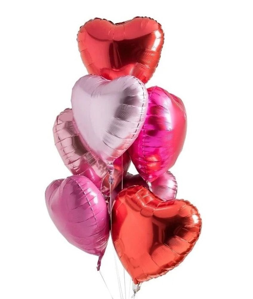Набор шаров с гелием в виде сердечек розовых и красных