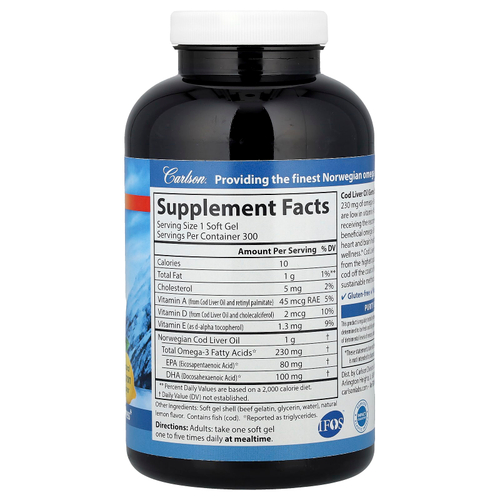 Carlson, Wild Norwegian, масло печени трески с драгоценными камнями, с низким содержанием витамина А, натуральный лимон, 300 мягких таблеток