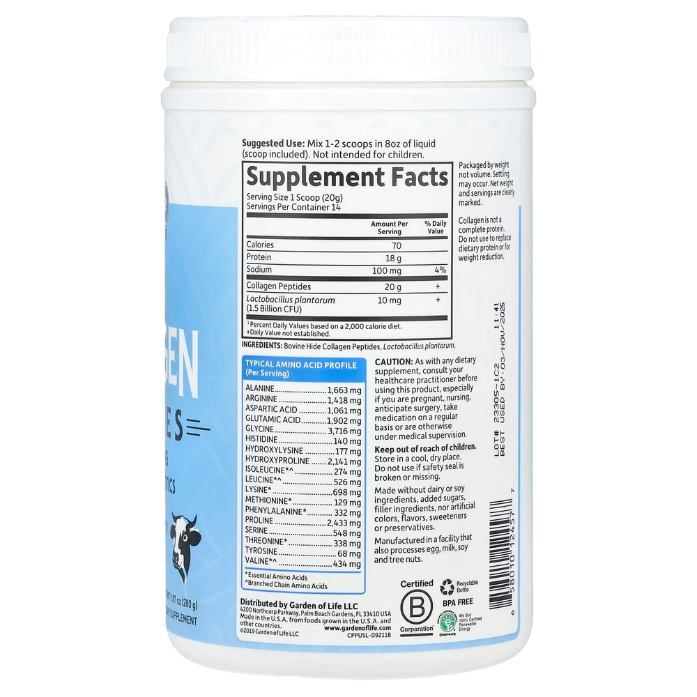 Garden of Life, экологически чистые пептиды коллагена, без вкусовых добавок, 280 г (9.87 унций)