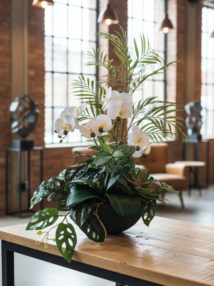 Искусственная зелень с орхидеей 70см в чаше Лофт