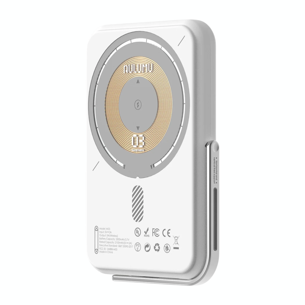 Внешний аккумулятор MagSafe с подставкой Aulumu M03 Battery Pack (3500 мА·ч) Внешний аккумулятор в футуристическом стиле | Беспроводная зарядка: Qi 5 Вт. Проводная зарядка: нет. Есть LED-индикация. Энергоёмкость — 12,95 Вт·ч