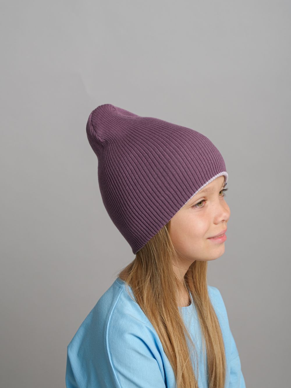 Шапка вязаная хлопковая ТВИНС(Лаванда, виноград)
