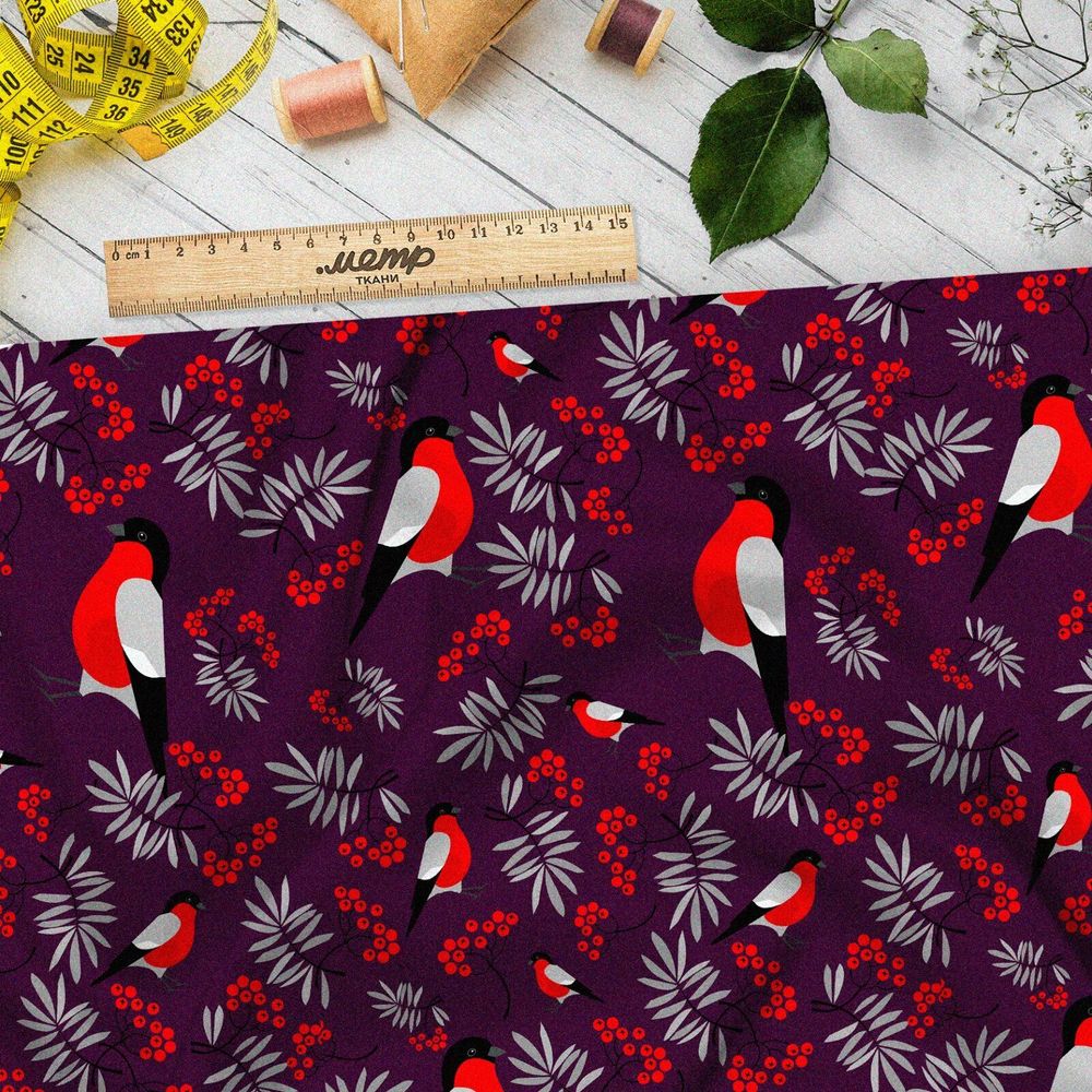Ткань флис снегири с ветками рябины