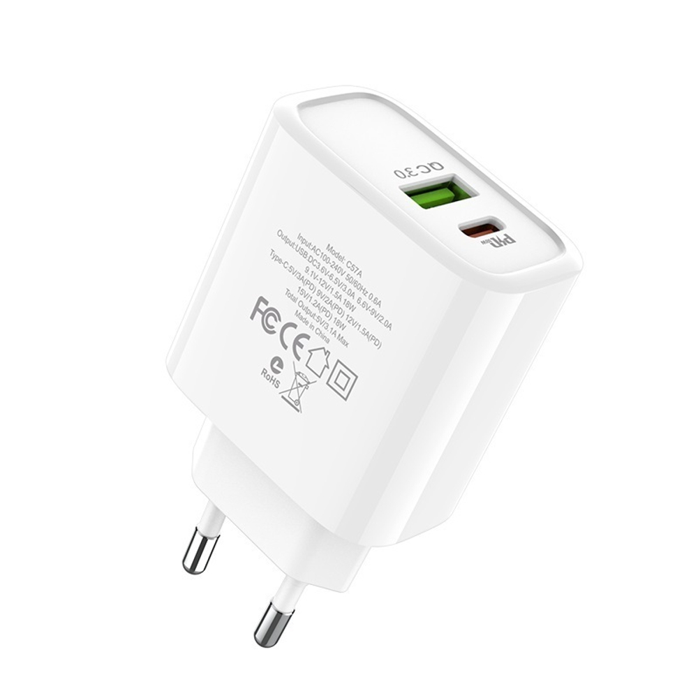 Сетевое зарядное устройство Hoco C57A Speed charger PD+QC3.0 charger Белый