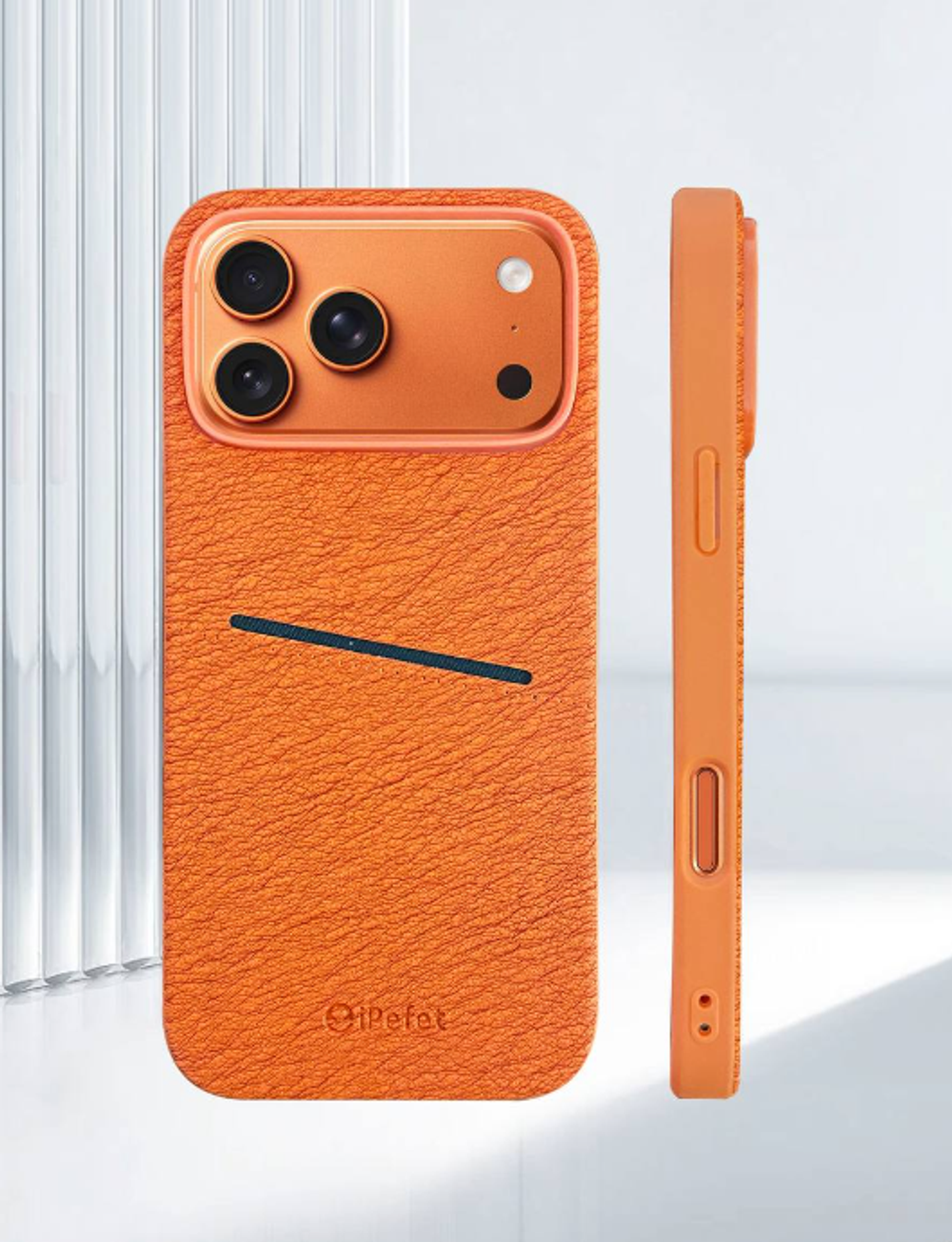 Накладка Apple iPhone 17 Pro оранжевый с бортиком вокруг камеры пластик+кожа с кардхолдером