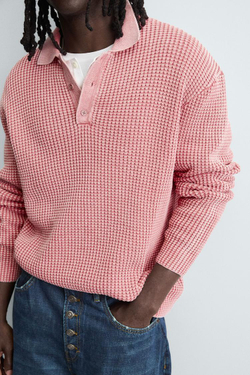 ZARA ТРИКОТАЖНОЕ ПОЛО С ВАФЕЛЬНОЙ СТРУКТУРОЙ, РОЗОВЫЙ