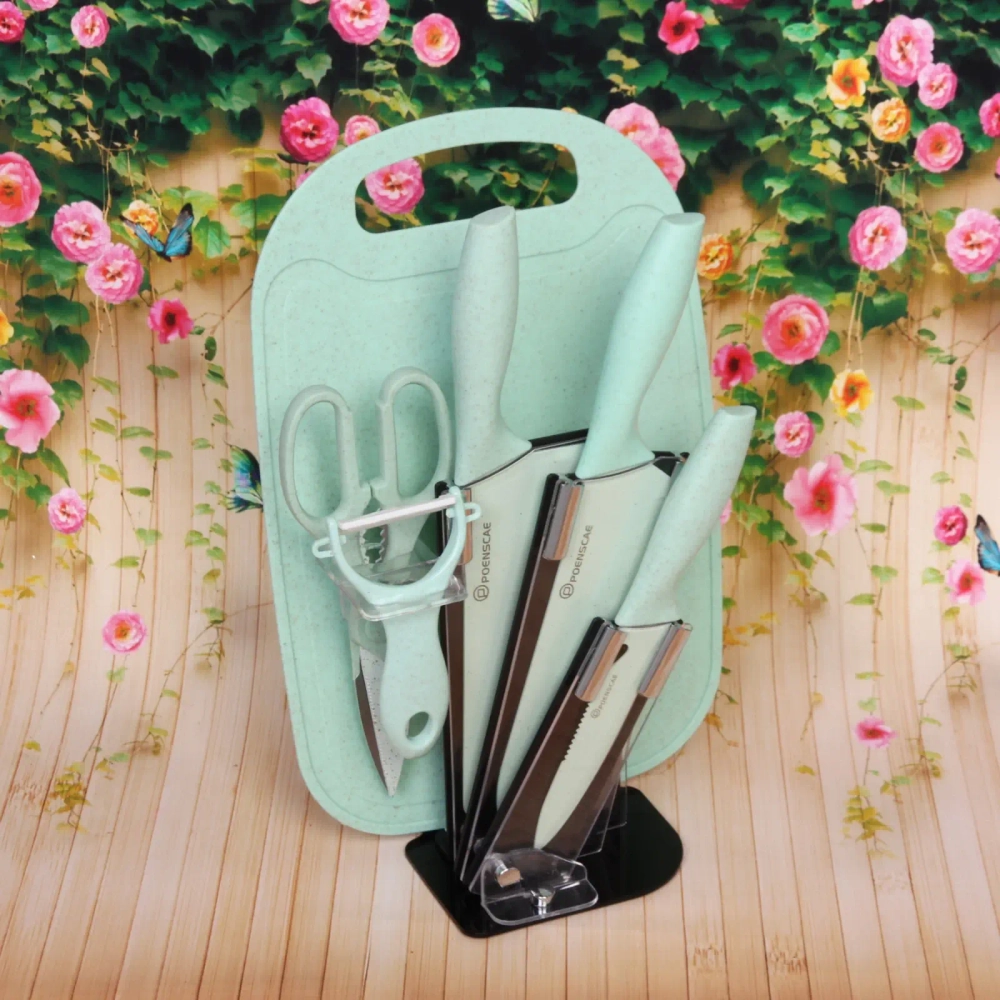 Набор ножей «DrowCook» 7предметов (3ножа+ножницы+овощечистка+доска+подставка) мятный