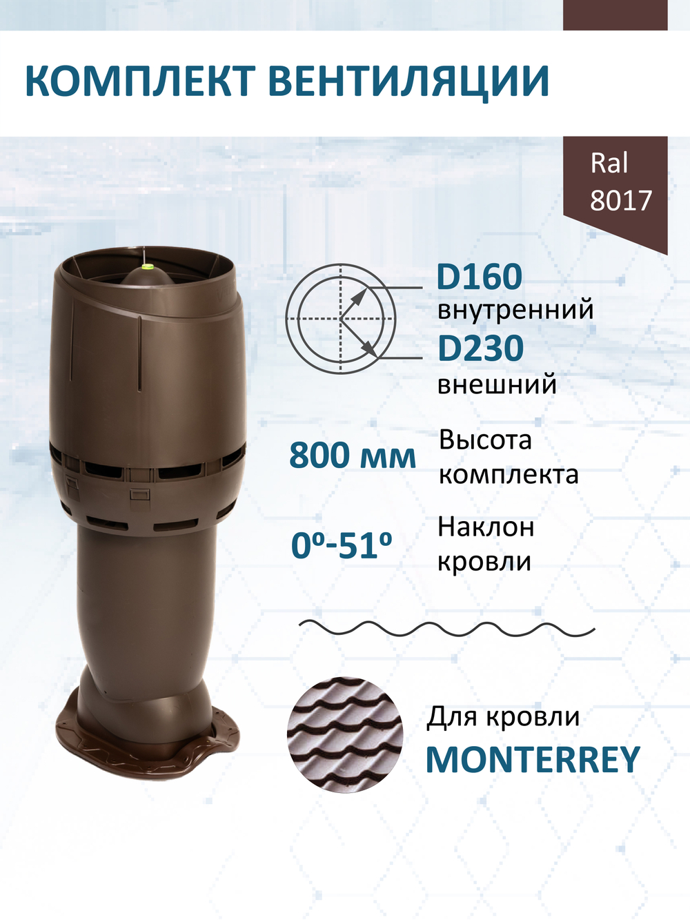Комплект вентиляции: Вентиляционный выход изолированный Vilpe D160/225 утепленный высота H=500 мм, проходной элемент для металлочерепицы Monterrey, колпак Ø 230 мм, коричневый