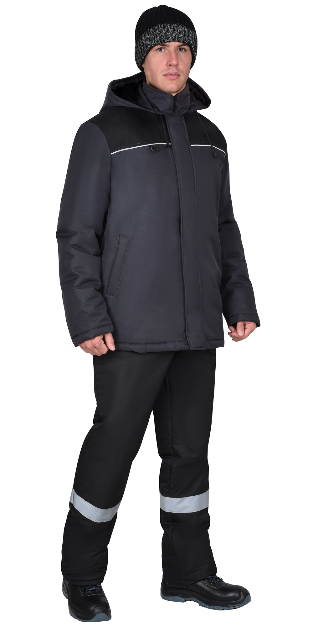 Куртка СИРИУС-МАСТЕР-М зимняя, тёмно-серая с чёрным и СВ кантом, с флисовым воротником и капюшоном