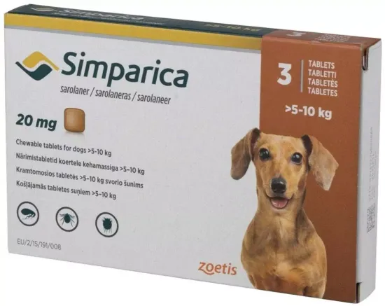 Zoetis таблетки от блох и клещей Симпарика 20 мг для собак 5,1-10 кг для щенков и собак от 5.1 до 10 кг 3 шт. в уп., 1 уп.