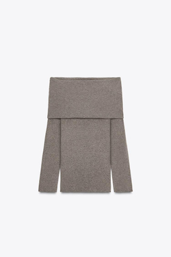 ZARA ТРИКОТАЖНЫЙ ТОП БЕЗ БРЕТЕЛЕЙ СО СБОРКАМИ, СЕРО-КОРИЧНЕВЫЙ