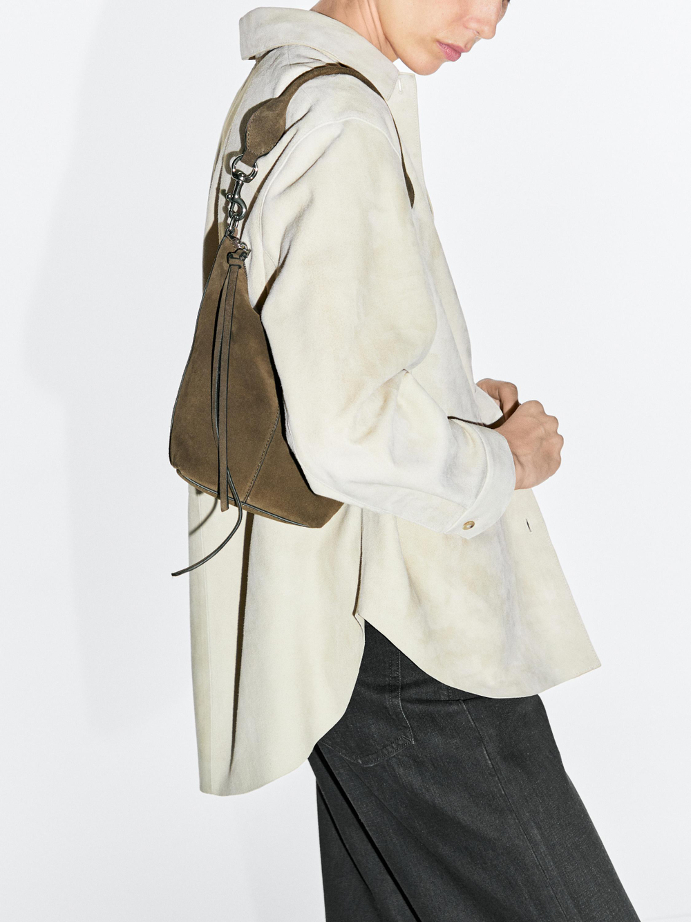 Massimo Dutti Сумка-мешокиз натуральной замши, хаки