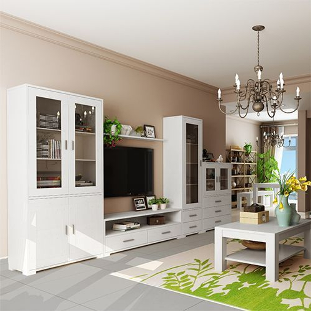 Тумба под телевизор Мэдисон с ящиками, дубовыми ручками, белая