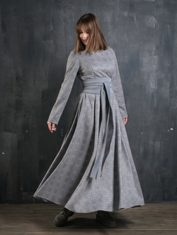 Платье с кушаком /серо-голубая клетка