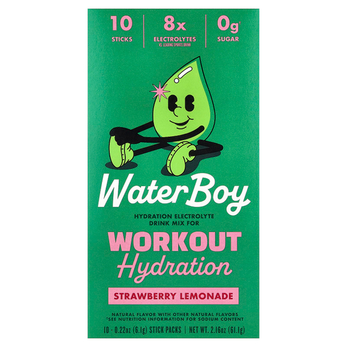 Waterboy, Workout Hydration, смесь для приготовления электролитического напитка, со вкусом клубничного лимонада, 10 пакетиков-стиков по 6,1 г (0,22 унции)