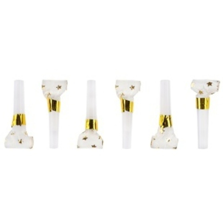 Карнавальные язычки гудки, Звезды Люкс, Белый/Золото, Металлик, 6 см, 6 шт. в упак.