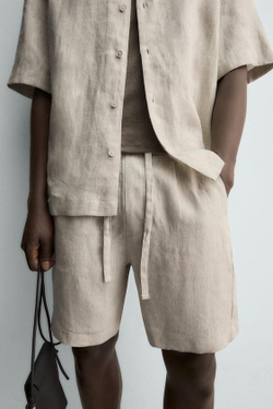 ZARA ШОРТЫ RELAXED FIT ИЗ 100% ЛЬНА, СВЕТЛО-БЕЖЕВЫЙ