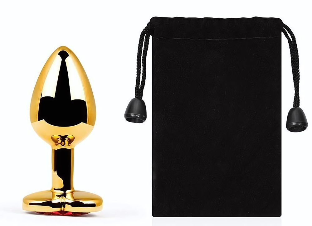 Золотистая анальная пробка с красным стразом-сердечком - 7 см. (Цвет: красный)