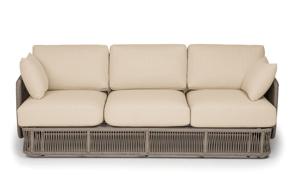 "Альбано" диван 3-местный плетеный из роупа, каркас алюминий светло-серый (RAL7035) муар, роуп серый меланж круглый, ткань Mossle светло-бежевая