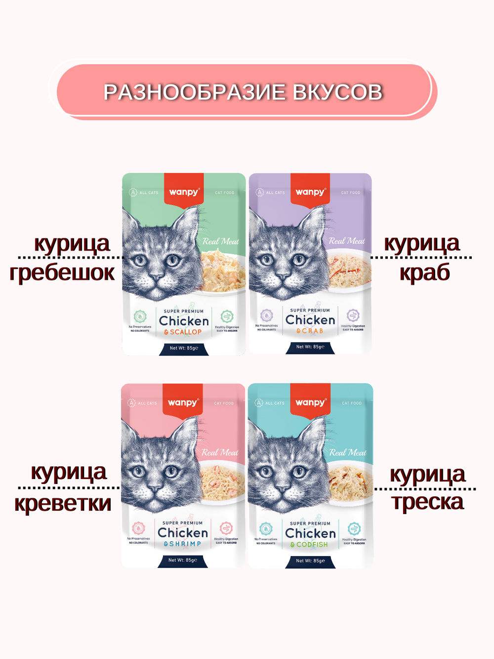 Wanpy Cat Пауч для кошек из курицы и креветок 85 г