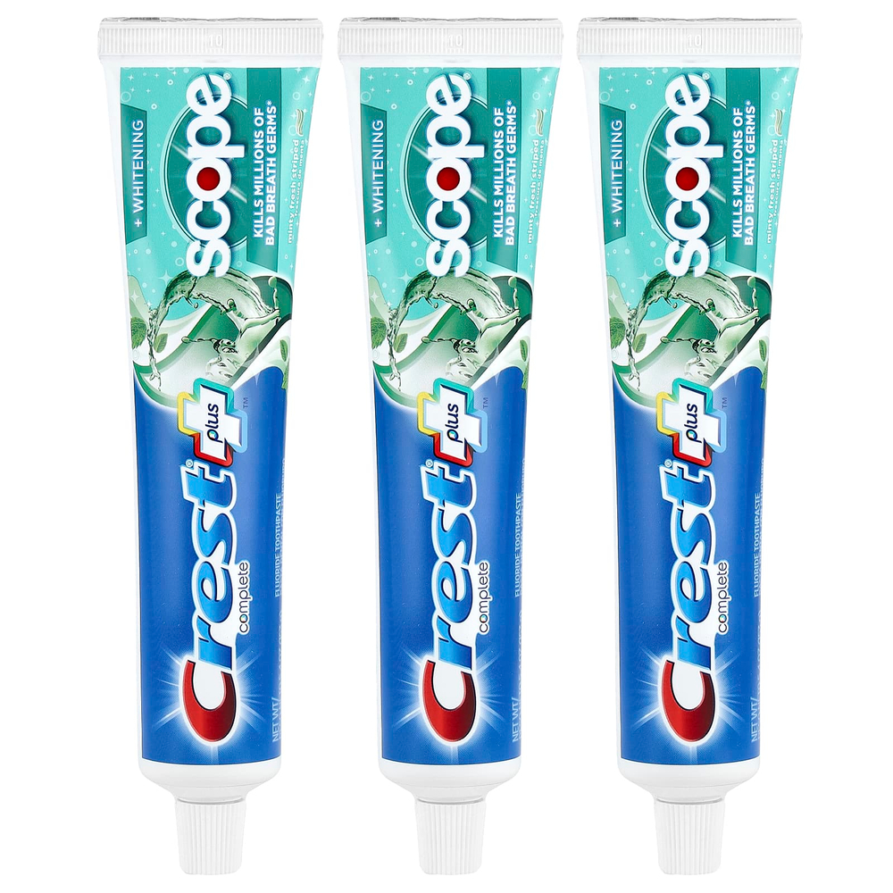 Crest, Complete Plus ™, Scope® + Whitening, зубная паста с фтором, мятная свежесть в полоску, 3 пакетика по 153 г (5,4 унции)