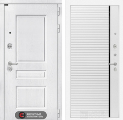 Входная металлическая дверь VERSAL (Версаль) Альберо браш серебро / 22 Белый софт, черный молдинг