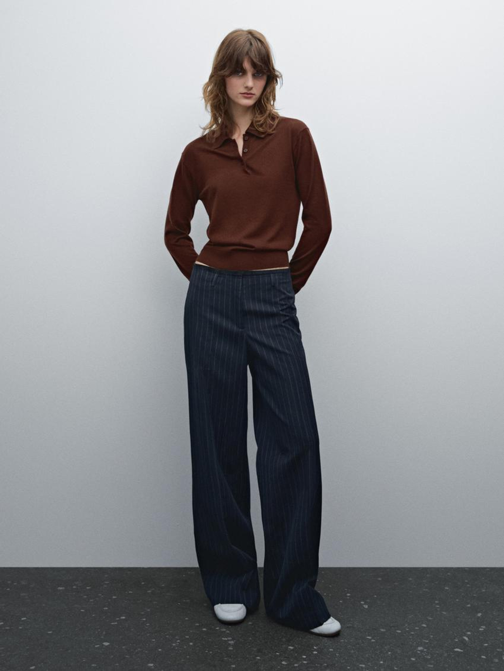 Massimo Dutti Свитер из 100% шерсти с воротником поло и пуговицами, черепичный