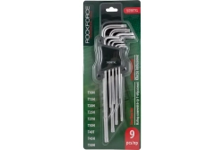 Набор ключей TORX RF-5098TXL: экстра длинных Т10Н-Т50Н- с отверстием 9пр. на пласт. держат. ROCKFORCE