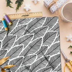 Ткань лён плотный рисунок чёрно-белого папоротника