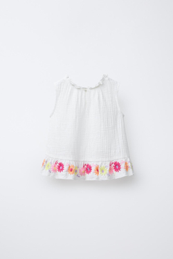 ZARA ТОП С ВЫШИТЫМИ ЦВЕТАМИ, ЖЕЛТОВАТО-БЕЛЫЙ
