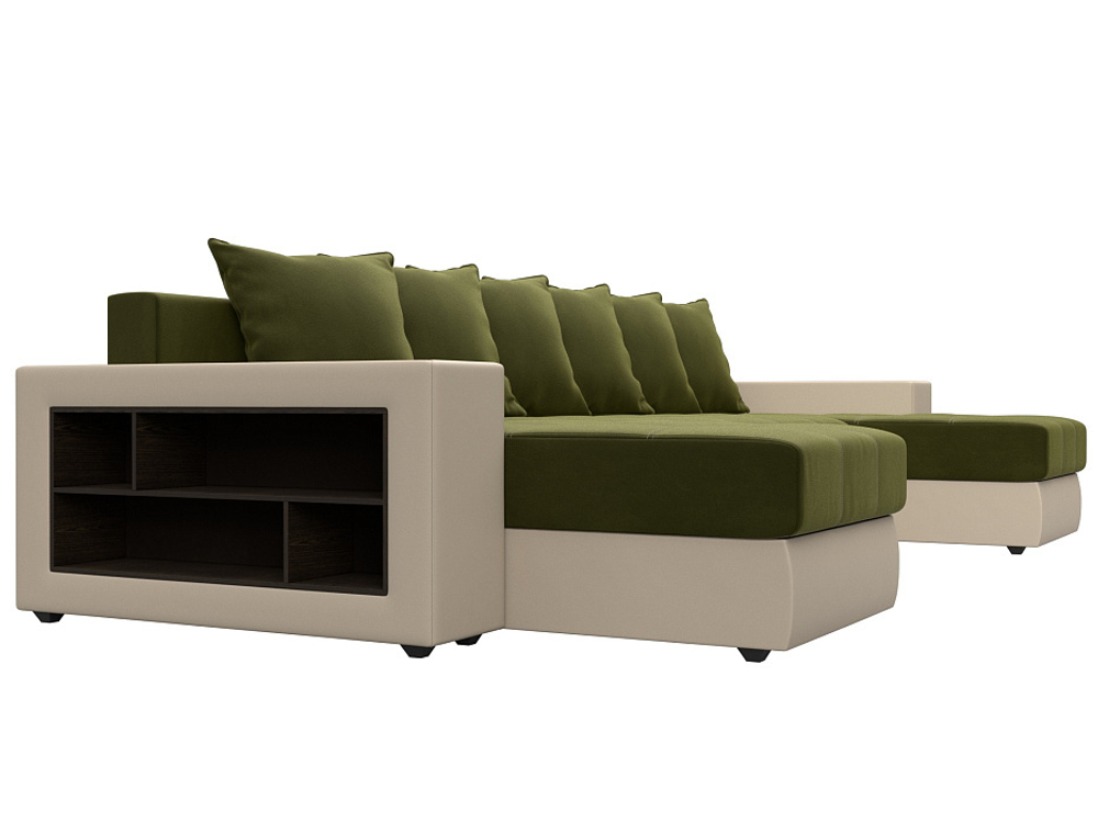 Диван П-образный Дубай полки слева, Зеленый\Бежевый, Микровельвет\Экокожа, 31511
