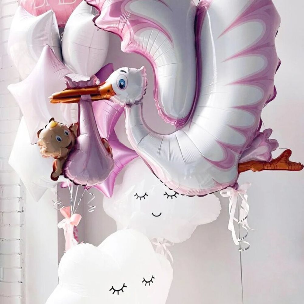 Шар фигура аист с малышом (девочка) 