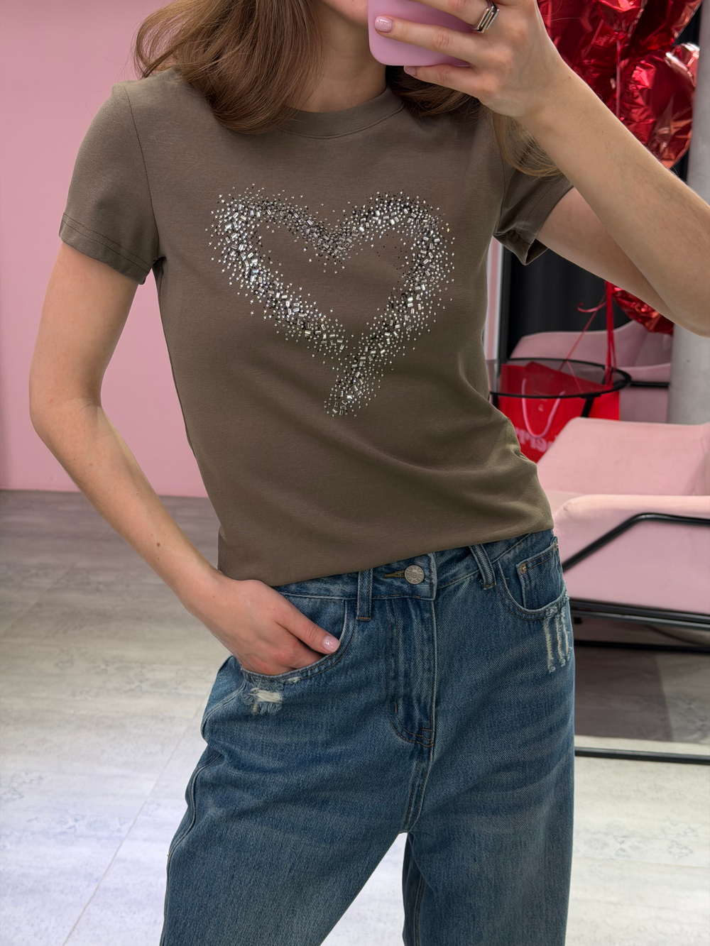 Футболка со стразами хаки