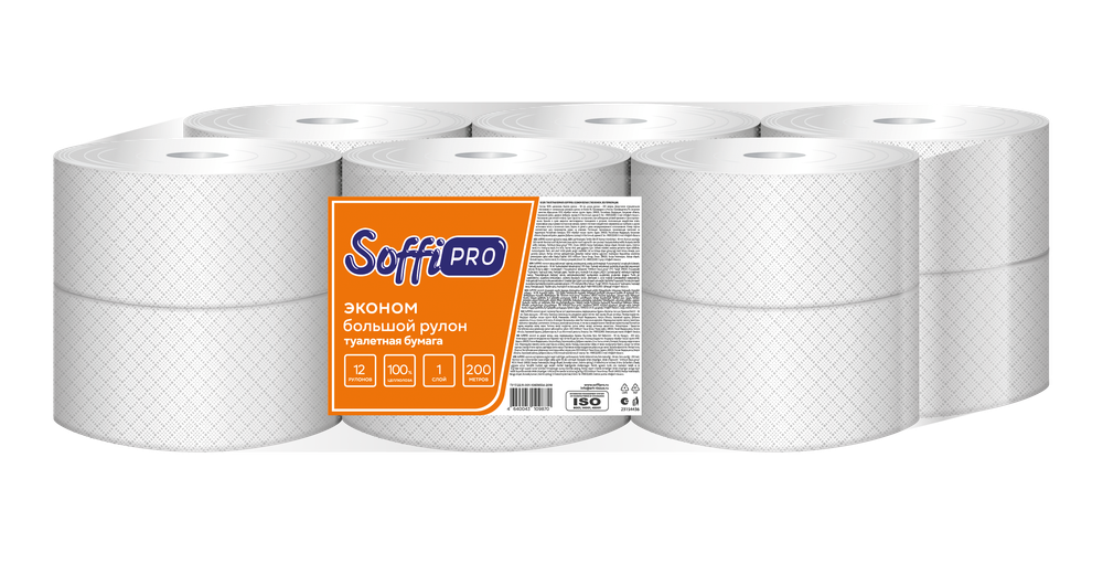 Однослойная белая туалетная бумага SoffiPRO Econom, Артикул 10901494, 200 м., 12 рулонов.