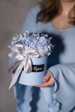 Композиция из нежно - голубой гортензии в шляпной коробке «с 8 Марта»