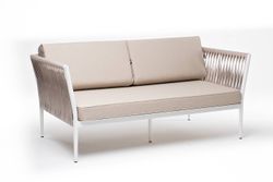 "Касабланка" диван 2-местный плетеный из роупа, каркас алюминий белый муар, роуп бежевый 20мм, ткань бежевая 035
