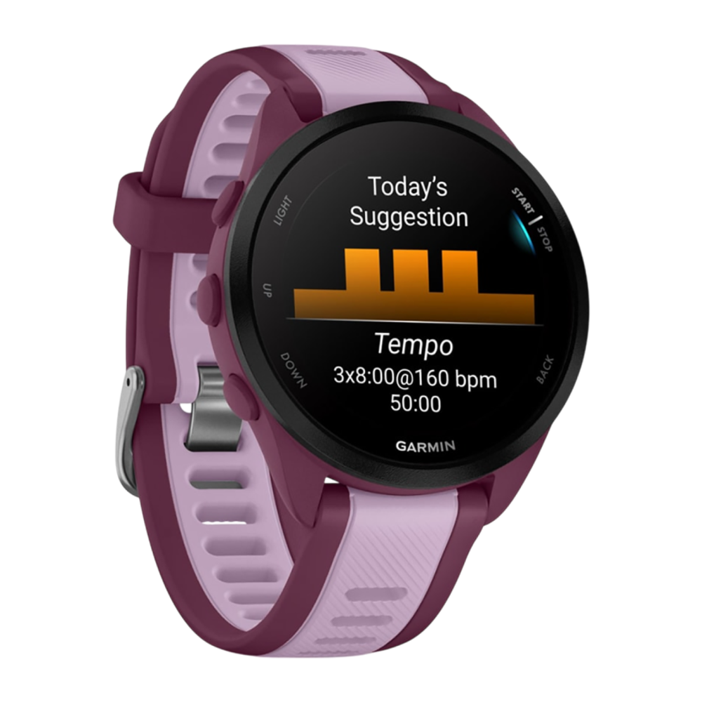 Спортивные часы Garmin Forerunner 165 Music, силиконовый ремешок цвета «ягодный»/лиловый AMOLED-дисплей. Ремешок с классической застёжкой — на запястье обхватом 126–203 мм