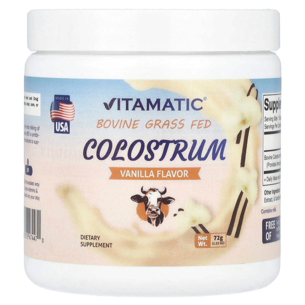Vitamatic, Бычье молозиво, откормленное травой, ваниль, 72 г (2,53 унции)