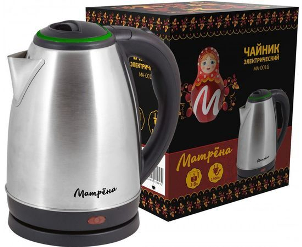 Чайник электр. Матрена МА-001 цвет крышки зеленый (диск, 1,8л) 1,5кВт, нерж сталь, 5458
