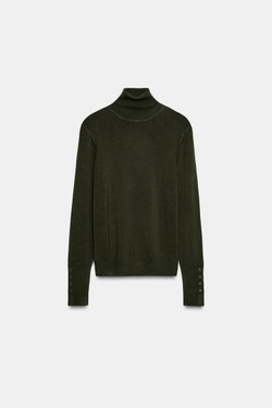 ZARA БАЗОВЫЙ ТРИКОТАЖНЫЙ ДЖЕМПЕР С ВЫСОКИМ ВОРОТНИКОМ, ТЕМНЫЙ ХАКИ