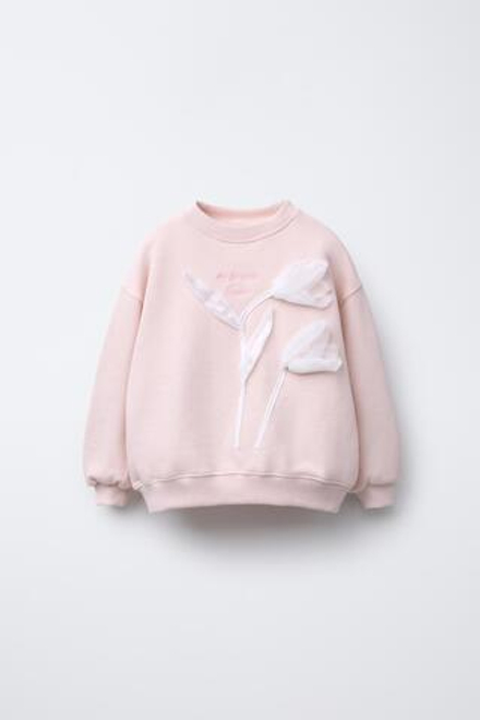 ZARA ТОЛСТОВКА С КОНТРАСТНЫМ ЦВЕТКОМ ИЗ ОРГАНЗЫ, ПАСТЕЛЬНО-РОЗОВЫЙ