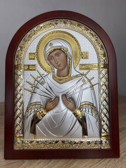 Семистрельная БМ, икона арочная, красное дерево 105х140