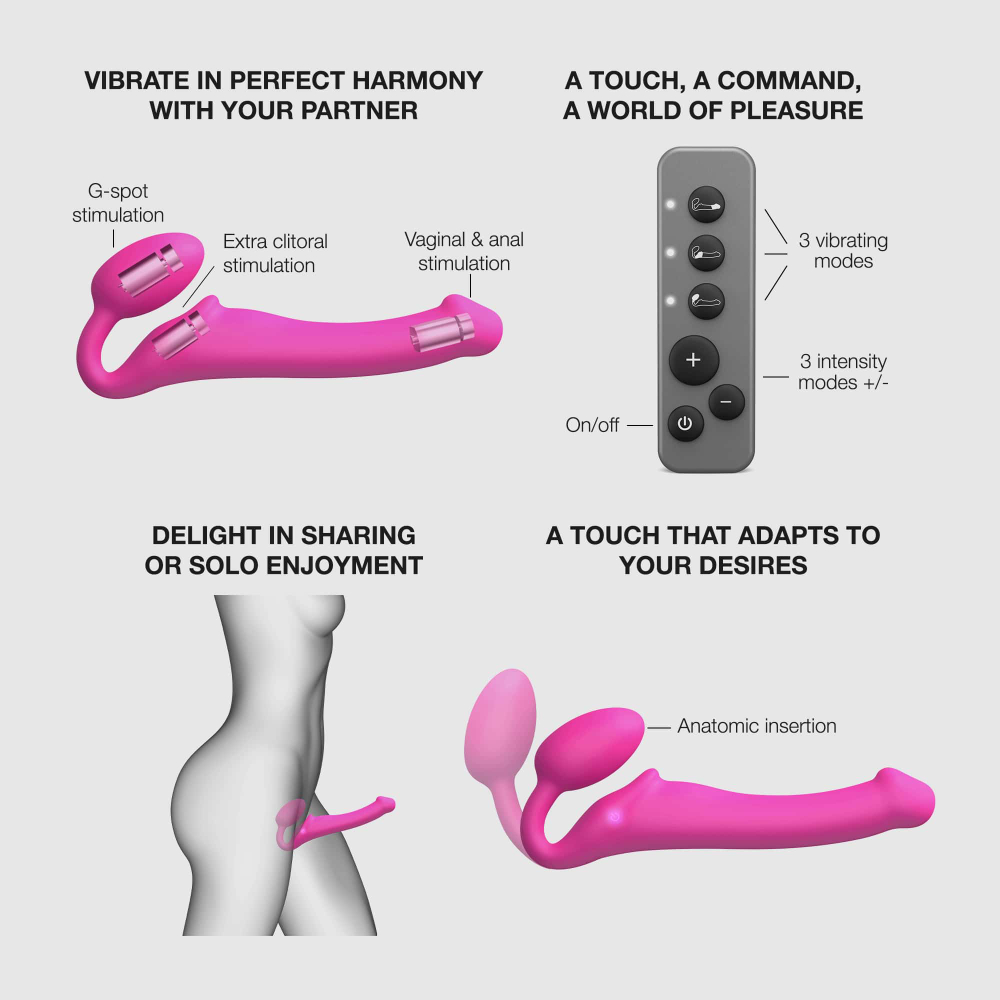 Ярко-розовый безремневой страпон Strap-on-me Vibrating Bendable Strap-On size M (Цвет: розовый)