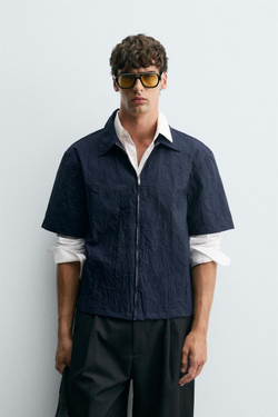 ZARА РУБАШКА С ЭФФЕКТОМ ПОМЯТОСТИ НА МОЛНИИ, МОРСКОЙ СИНИЙ